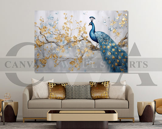 Blue and Gold Peacock Canvas Wall Art