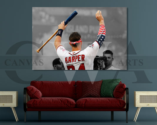 Bryce Harper Black & White Canvas Art Baseball Canvas Wall Art