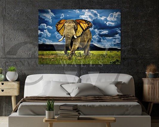 Butterfly With Elephant Canvas Wall Art Animal Poster Print