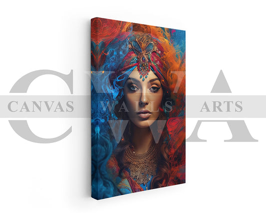 Canvas Wall Art Of A Woman With Colorful Headscarf And Jewelry