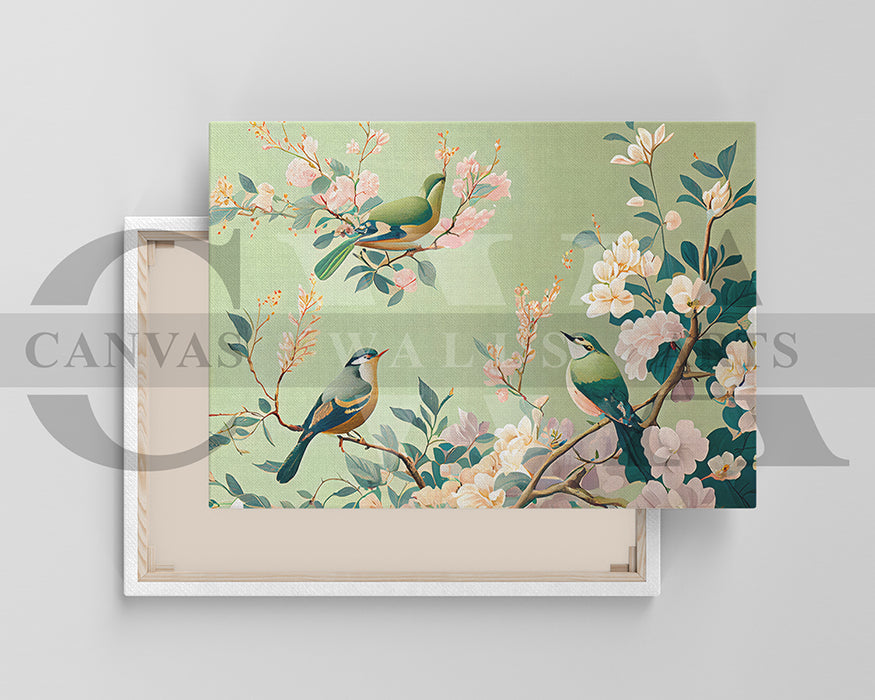 Cherry blossom And Flower Birds Canvas Wall Art Bird Poster Print
