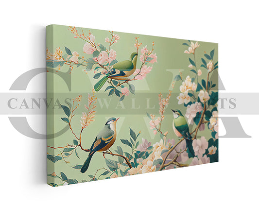 Cherry blossom And Flower Birds Canvas Wall Art Bird Poster Print