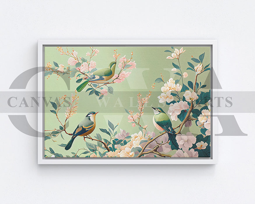 Cherry blossom And Flower Birds Canvas Wall Art Bird Poster Print