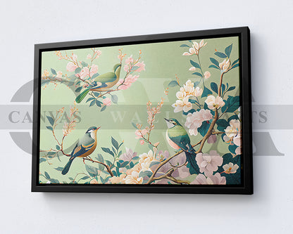 Cherry blossom And Flower Birds Canvas Wall Art Bird Poster Print