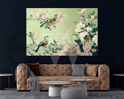 Cherry blossom And Flower Birds Canvas Wall Art Bird Poster Print