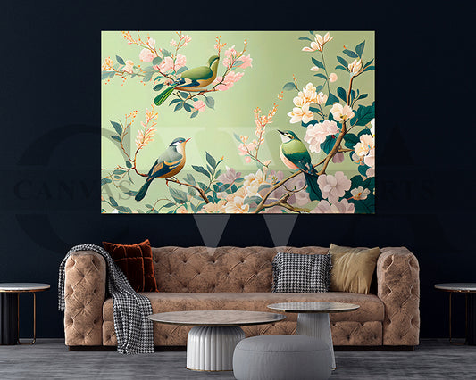 Cherry blossom And Flower Birds Canvas Wall Art Bird Poster Print