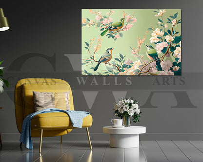 Cherry blossom And Flower Birds Canvas Wall Art Bird Poster Print