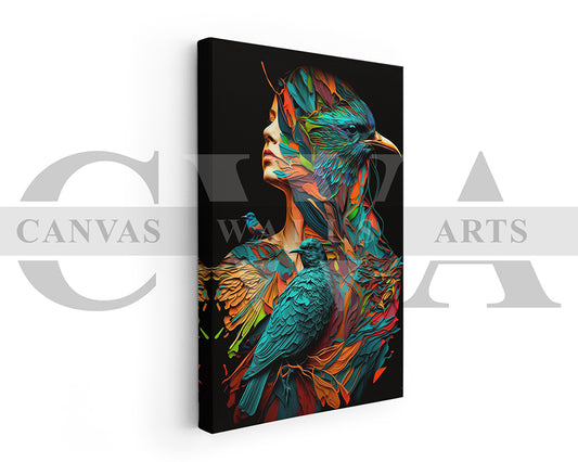 Colorful Woman With Birds Canvas Wall Art