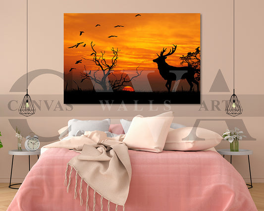 Deer Elk Sunset Canvas Wall Art Animal Poster Print