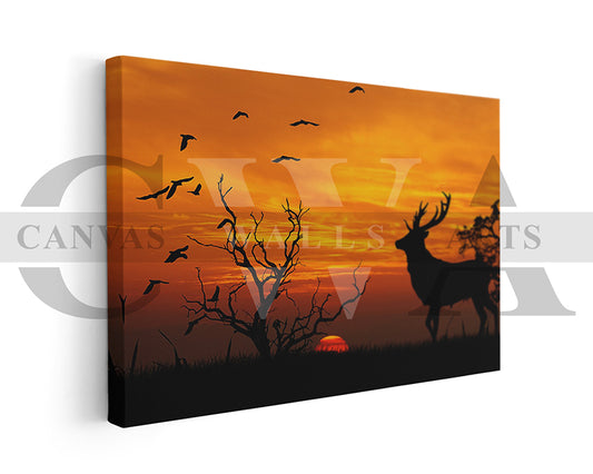 Deer Elk Sunset Canvas Wall Art Animal Poster Print