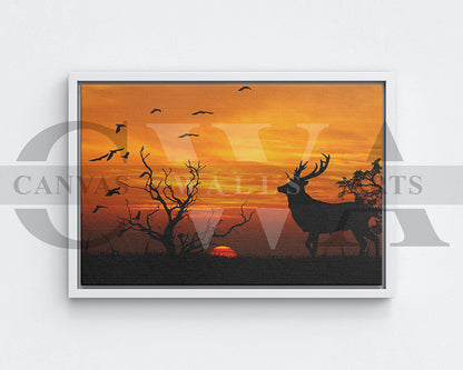 Deer Elk Sunset Canvas Wall Art Animal Poster Print
