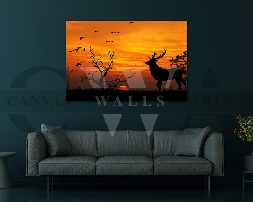 Deer Elk Sunset Canvas Wall Art Animal Poster Print