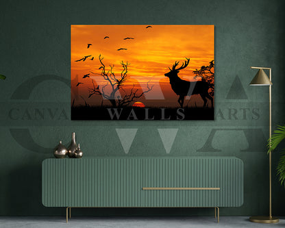 Deer Elk Sunset Canvas Wall Art Animal Poster Print