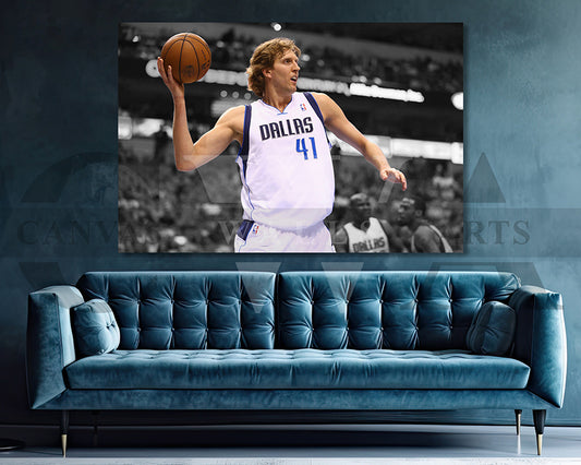 Dirk Nowitzki Black & White Canvas Art Basketball Canvas Wall Art