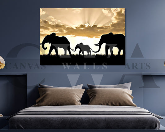 Elephants Sunset Painting Canvas Wall Art Animal Poster Print