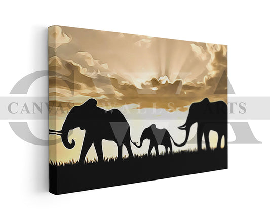 Elephants Sunset Painting Canvas Wall Art Animal Poster Print