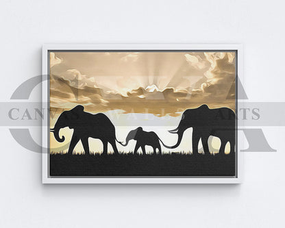 Elephants Sunset Painting Canvas Wall Art Animal Poster Print