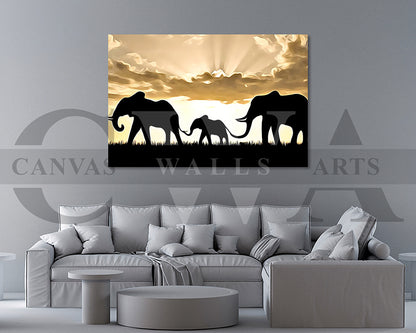 Elephants Sunset Painting Canvas Wall Art Animal Poster Print