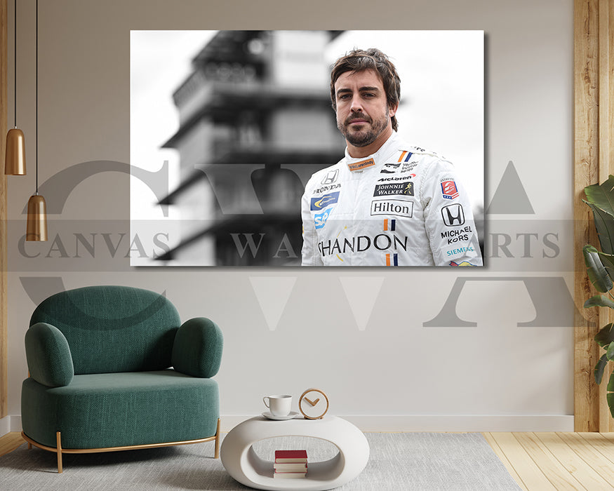 Fernando Alonso Black & White Canvas Art F1 Canvas Wall Art