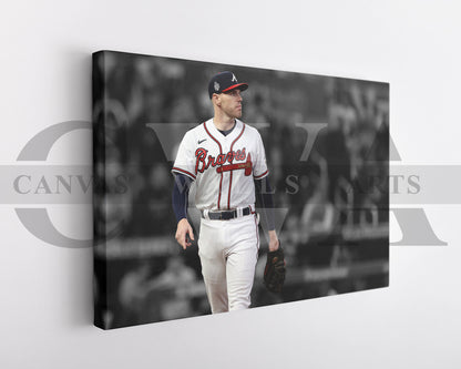 A black and white canvas art print of Fernando Tatíz Jr. wearing a baseball cap and jersey, standing on a field.
