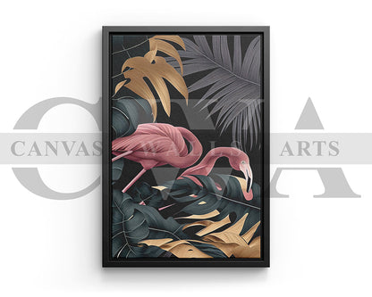 Flamingo Black and Gold Tropical Canvas Wall Art Bird Poster Print