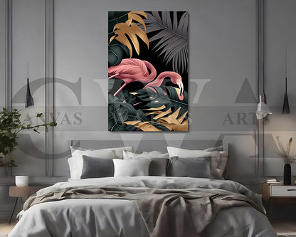 Flamingo Black and Gold Tropical Canvas Wall Art Bird Poster Print