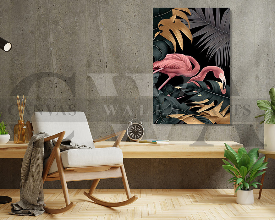 Flamingo Black and Gold Tropical Canvas Wall Art Bird Poster Print