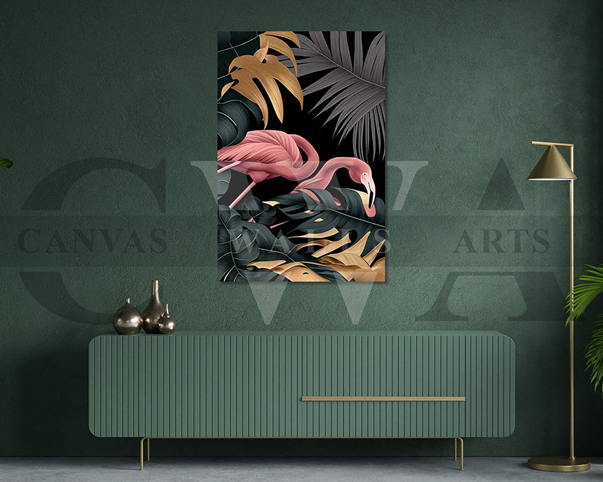 Flamingo Black and Gold Tropical Canvas Wall Art Bird Poster Print