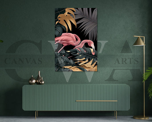Flamingo Black and Gold Tropical Canvas Wall Art Bird Poster Print
