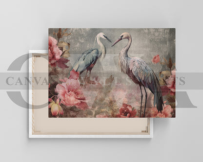 Flowers With Flamingos Canvas Wall Art Bird Poster Print