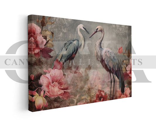 Flowers With Flamingos Canvas Wall Art Bird Poster Print