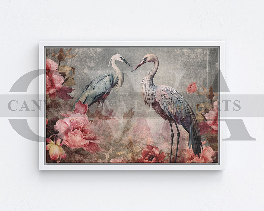 Flowers With Flamingos Canvas Wall Art Bird Poster Print