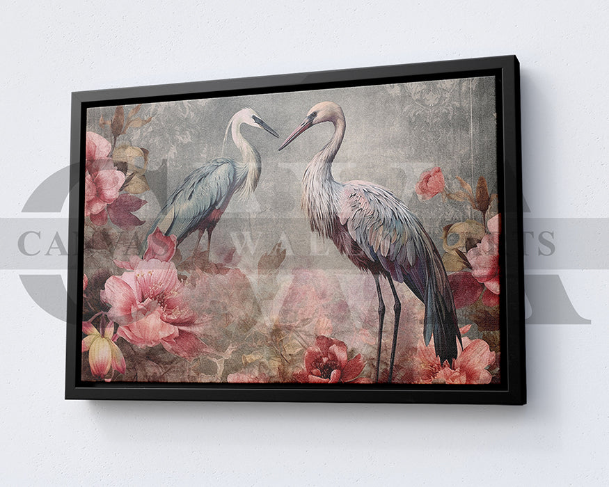 Flowers With Flamingos Canvas Wall Art Bird Poster Print