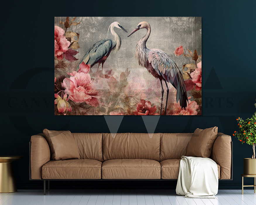 Flowers With Flamingos Canvas Wall Art Bird Poster Print