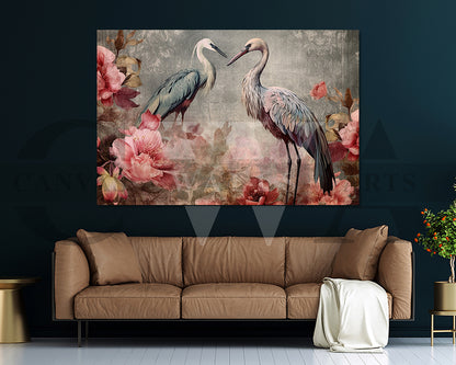 Flowers With Flamingos Canvas Wall Art Bird Poster Print