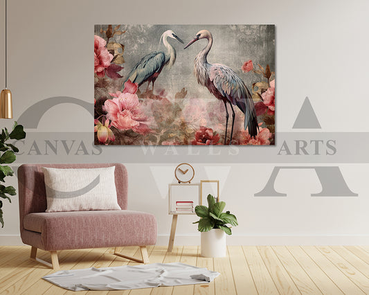 Flowers With Flamingos Canvas Wall Art Bird Poster Print