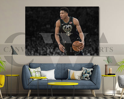 Giannis Antetokounmpo Black & White Canvas Art Basketball Canvas Wall Art