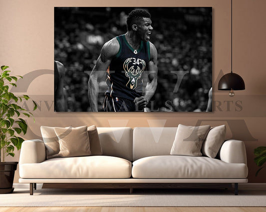 Giannis Antetokounmpo Black & White Canvas Art Basketball Canvas Wall Art