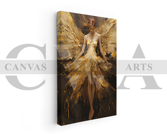Girl Angel With Gold Wings Canvas Wall Art