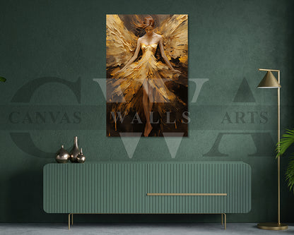 Girl Angel With Gold Wings Canvas Wall Art