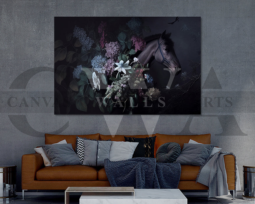 Horse with Flowers Canvas Wall Art Elegant Animal Poster Print for Home Decor