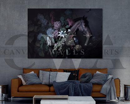 Horse with Flowers Canvas Wall Art Elegant Animal Poster Print for Home Decor