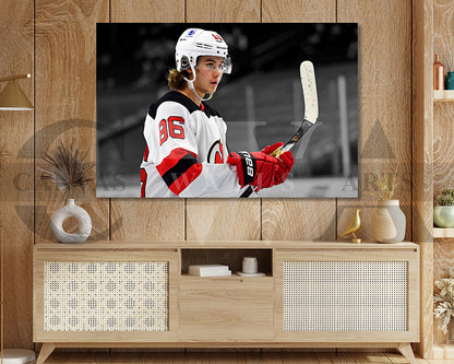Jack Hughes Black & White Canvas Art Ice hockey Canvas Wall Art