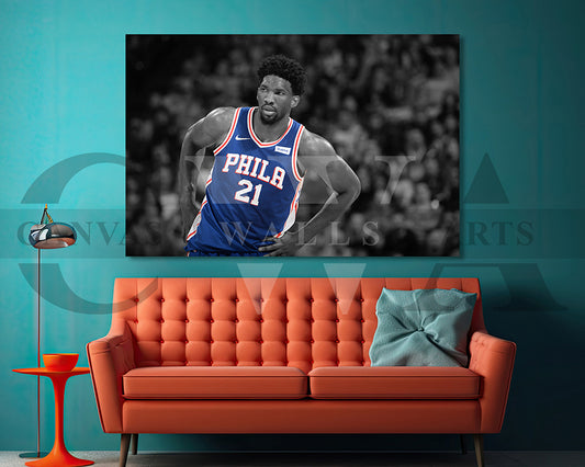 Joel Embiid Black & White Canvas Art Basketball Canvas Wall Art