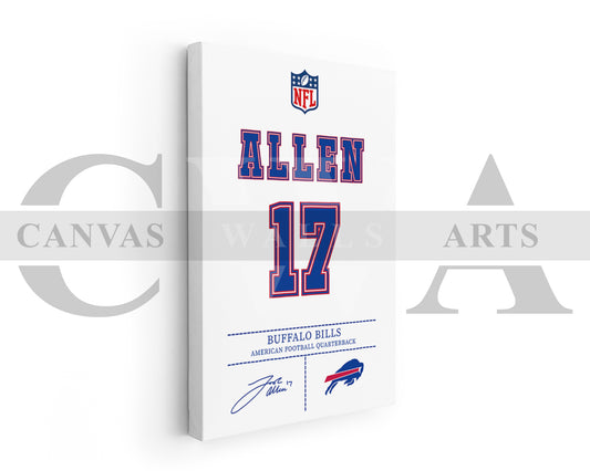 Josh Allen Jersey Canvas Wall Art NFL Jersey Poster Print Sports Canvas Frame Ready To Hang