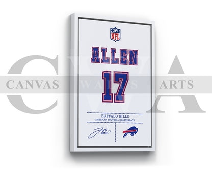 Josh Allen Jersey Canvas Wall Art NFL Jersey Poster Print Sports Canvas Frame Ready To Hang