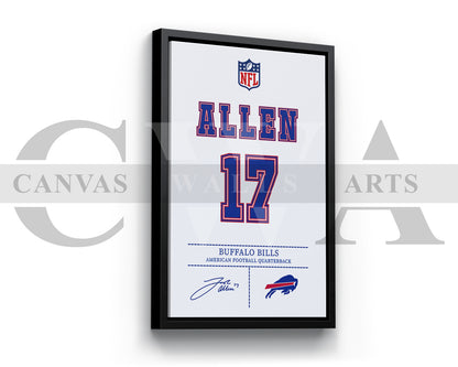Josh Allen Jersey Canvas Wall Art NFL Jersey Poster Print Sports Canvas Frame Ready To Hang