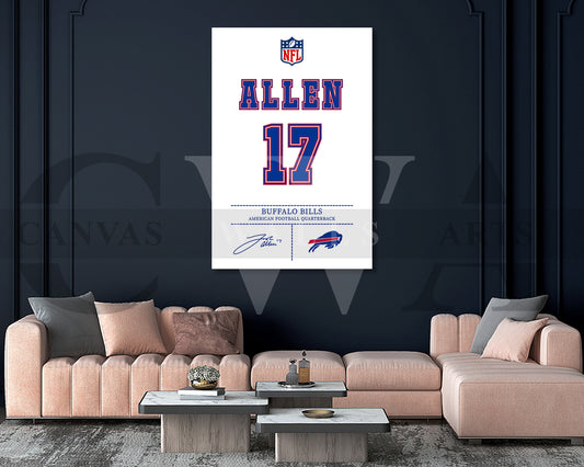 Josh Allen Jersey Canvas Wall Art NFL Jersey Poster Print Sports Canvas Frame Ready To Hang