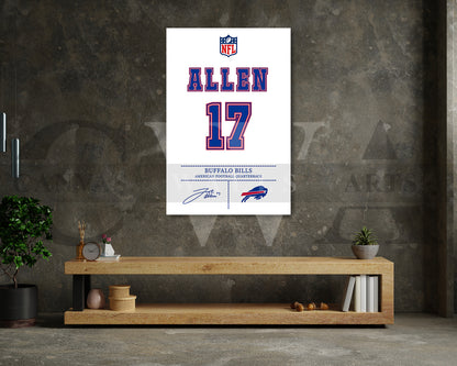 Josh Allen Jersey Canvas Wall Art NFL Jersey Poster Print Sports Canvas Frame Ready To Hang