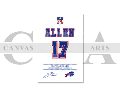 Josh Allen Jersey Canvas Wall Art NFL Jersey Poster Print Sports Canvas Frame Ready To Hang